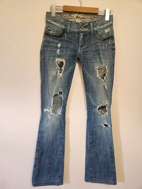 Vintage Y2K Marciano Leopard Patch Distressed Rhinestone Bootcut Flare Jeans 24